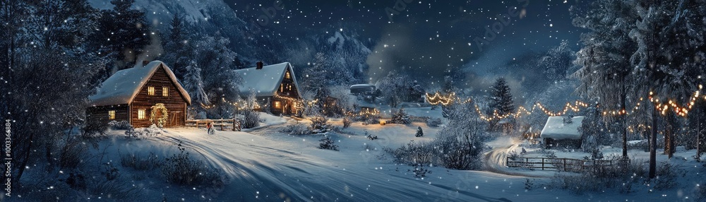 A serene winter evening scene showcasing cozy cabins blanketed in snow, illuminated by warm lights under a starry sky. A serene winter evening scene showcasing cozy cabins blanketed in snow, illuminated by warm lights under a starry sky.
