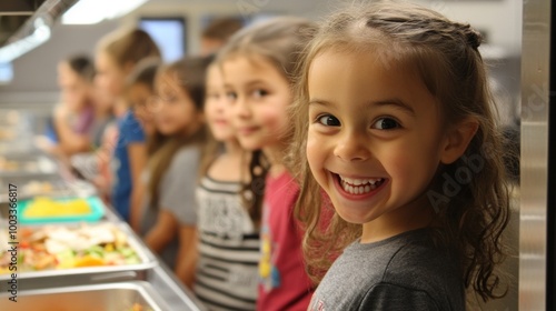 School Lunch Line Capture students in line at the school cafeteria, excitedly waiting to get their lunch trays