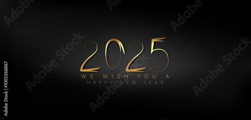 Happy New Year 2025 in shimmering gold on a deep black background conveying a sense of joy and new beginnings