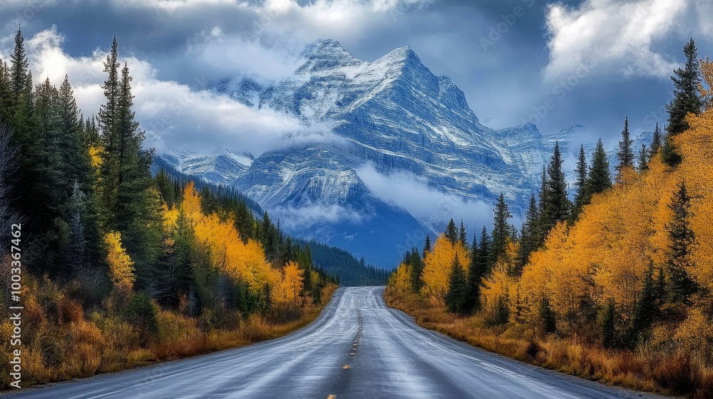 A winding road leads towards a majestic snow-capped mountain peak, framed by vibrant autumn foliage and a dramatic cloudy sky. A winding road leads towards a majestic snow-capped mountain peak, framed by vibrant autumn foliage and a dramatic cloudy sky.