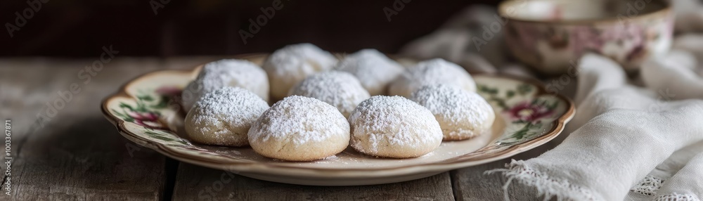 Deliciously soft and powdered sugar coated cookies arranged elegantly on a vintage plate, perfect for festive gatherings. Deliciously soft and powdered sugar coated cookies arranged elegantly on a vintage plate, perfect for festive gatherings.