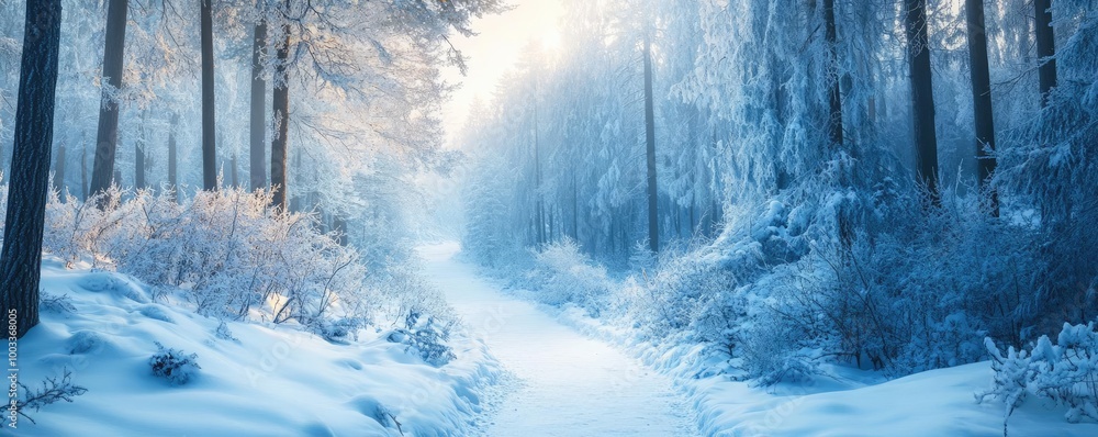 Naklejka premium A serene winter landscape with a snow-covered path through a tranquil forest, illuminated by soft, frosty light.