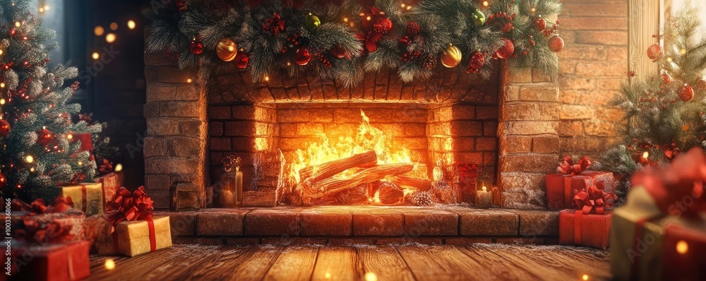 Cozy Christmas scene featuring a warm fireplace, sparkling decorations, and beautifully wrapped gifts ready for the holiday season. Cozy Christmas scene featuring a warm fireplace, sparkling decorations, and beautifully wrapped gifts ready for the holiday season.