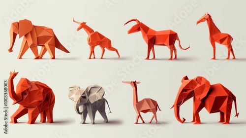 Origami Inspired Polygon Animals in Vibrant Red Tones photo