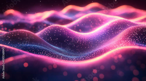 Abstract pink and blue waves with sparkling lights.