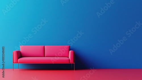 Modern pink sofa against vibrant blue wall, minimalistic interior design.