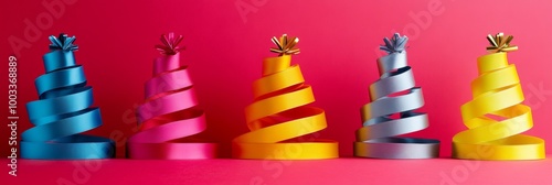 Colorful ribbon Christmas trees on bright backgrounds for a modern holiday decoration in December celebrations photo