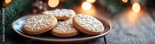 Delicious decorated cookies on a wooden table surrounded by festive lights, perfect for holiday celebrations and gatherings.