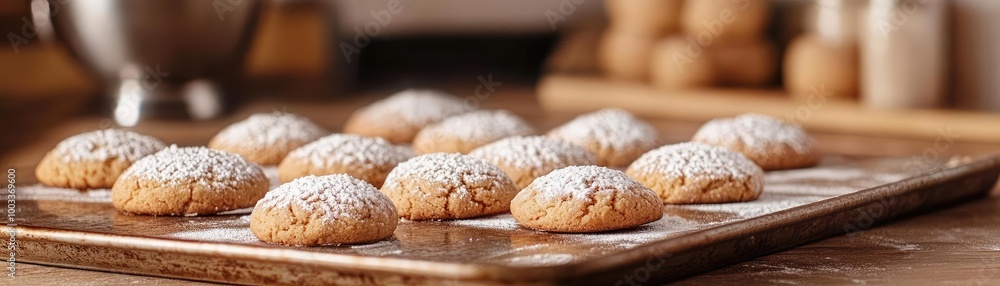 Freshly baked cookies dusted with powdered sugar, arranged neatly on a wooden board, perfect for any dessert lover. Freshly baked cookies dusted with powdered sugar, arranged neatly on a wooden board, perfect for any dessert lover.