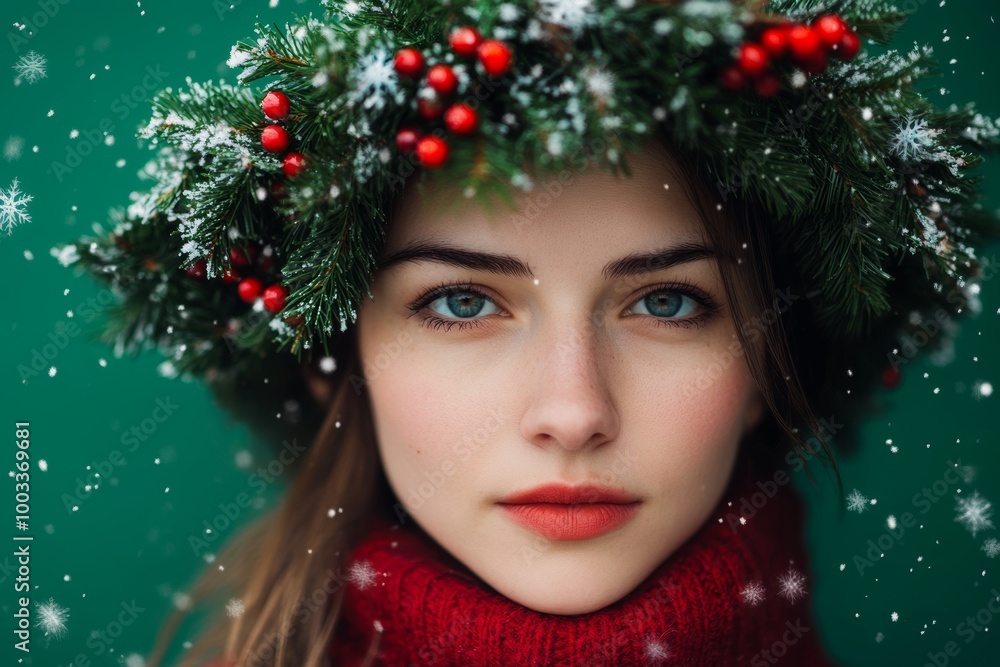 A woman adorned with a festive Christmas wreath poses amidst delicate snowflakes and a vibrant green backdrop during the holiday season A woman adorned with a festive Christmas wreath poses amidst delicate snowflakes and a vibrant green backdrop during the holiday season