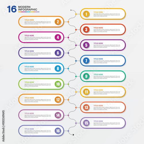 Modern infographic with 16 steps and business icons for presentation.