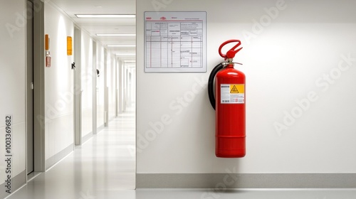 A hallway featuring a fire extinguisher and safety information on the wall.