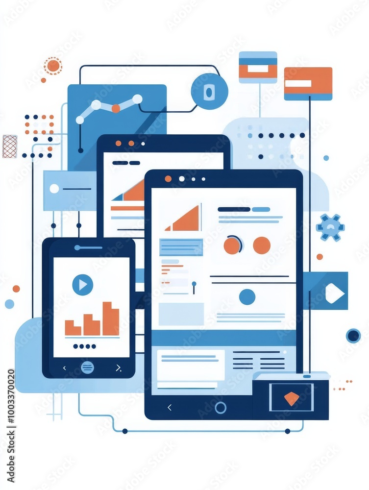 Vector flat illustration of a responsive web design featuring a blue color theme on a white solid background. This design showcases the simplicity and effectiveness of modern digital layouts Vector flat illustration of a responsive web design featuring a blue color theme on a white solid background. This design showcases the simplicity and effectiveness of modern digital layouts