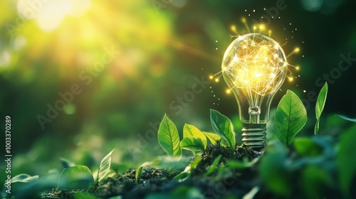 Fototapeta Naklejka Na Ścianę i Meble -  Light bulb with green grass base . symbolizing energy saving