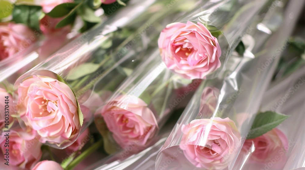 Pink Roses Wrapped in Plastic Sheaths Pink Roses Wrapped in Plastic Sheaths