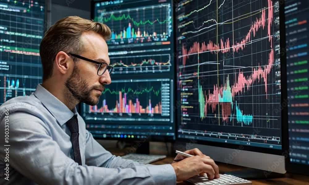 A businessman analyzes data carefully A businessman analyzes data carefully