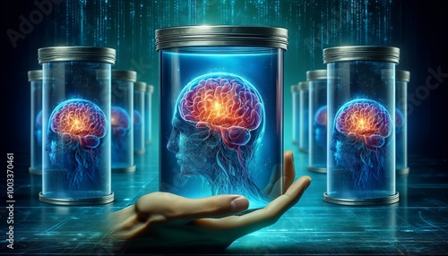 Glowing brain in jar with digital background. photo