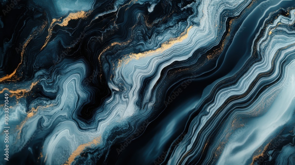 Obraz premium Abstract Swirling Blue, Black, and Gold Marble Art