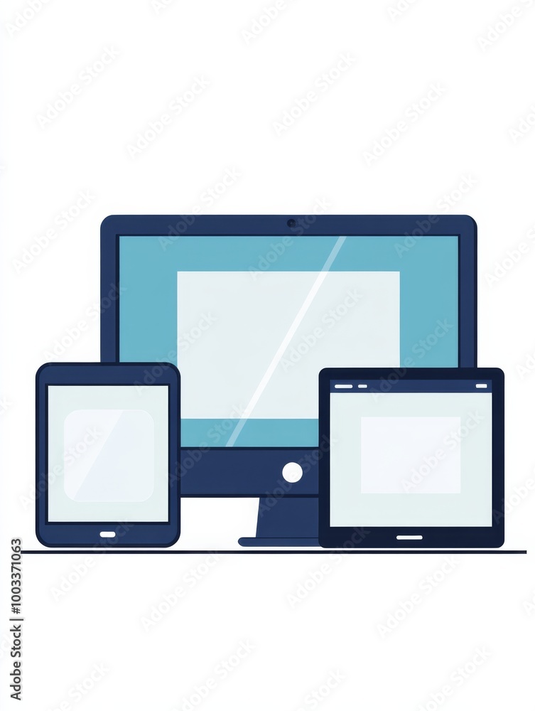 Vector flat illustration of a responsive web design featuring a blue color theme on a white solid background. This design showcases the simplicity and effectiveness of modern digital layouts Vector flat illustration of a responsive web design featuring a blue color theme on a white solid background. This design showcases the simplicity and effectiveness of modern digital layouts