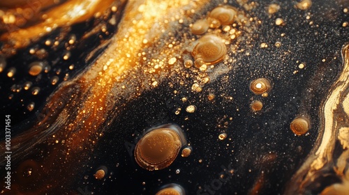 Abstract Macro Photography of Golden and Black Liquid with Air Bubbles photo