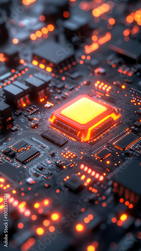 Close-up of a glowing processor chip on a circuit board.