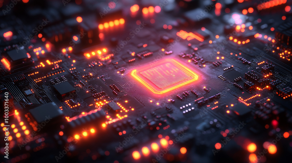 Close-up of a glowing circuit board with a central processor. Close-up of a glowing circuit board with a central processor.