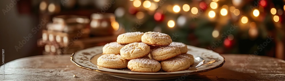 Delicious cookies stacked on a decorative plate, set against a festive background of soft lights and a cozy atmosphere, perfect for holidays. Delicious cookies stacked on a decorative plate, set against a festive background of soft lights and a cozy atmosphere, perfect for holidays.
