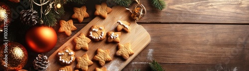 Delicious Christmas cookies arranged on a wooden board, surrounded by festive decorations. Perfect for holiday celebrations.