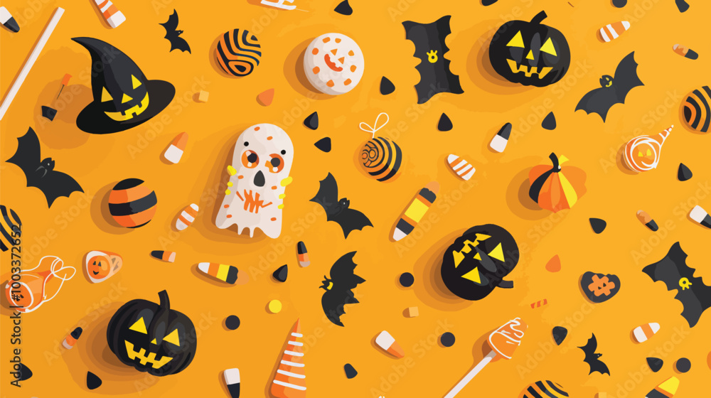 Flat lay Vector Illustration Halloween party elements with orange background, Happy Halloween
Flat lay Vector Illustration Halloween party elements with orange background, Happy Halloween
