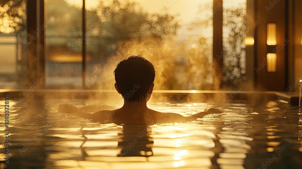 A tranquil scene of a person relaxing in a spa, bathed in warm sunlight, surrounded by steam and soothing water. A tranquil scene of a person relaxing in a spa, bathed in warm sunlight, surrounded by steam and soothing water.