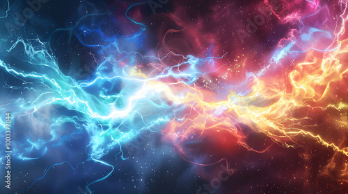 colorful energy or lightning-like streaks with blue and red hues converging in the center against a dark background.