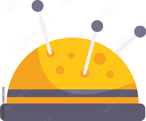 This vector illustration features a yellow pincushion with three pins sticking out, perfect for representing sewing and tailoring