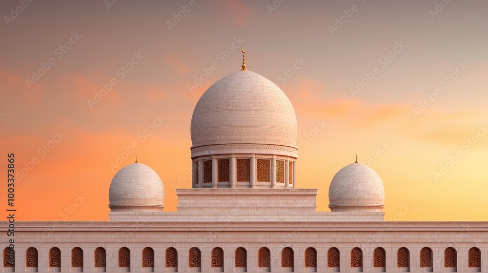 Obraz premium White Mosque Domes Against Sunset Sky Architectural Detail Middle Eastern Islam Relig