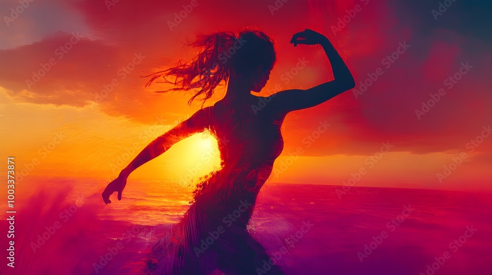 An expressive scene featuring the silhouette of a woman in mid-dance, bathed in the rich hues of a sunset, with a glowing aura emphasizing her movements, conveying a sense of liberation and An expressive scene featuring the silhouette of a woman in mid-dance, bathed in the rich hues of a sunset, with a glowing aura emphasizing her movements, conveying a sense of liberation and