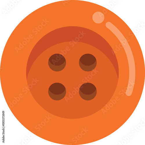 Orange button with four holes is lying on white background, sewing tool for atelier, flat vector illustration