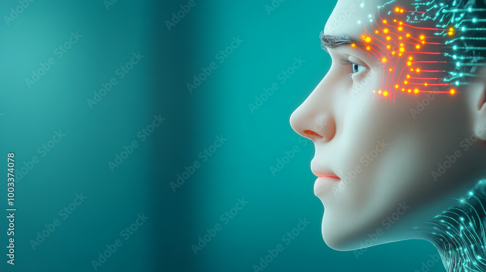 A side profile of an androgynous person with glowing circuitry across their face. A side profile of an androgynous person with glowing circuitry across their face.