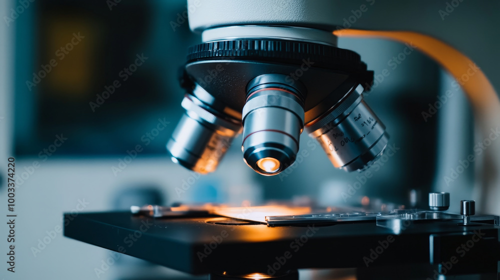 A high powered microscope is focused on sample, showcasing intricate details of scientific research. lighting highlights precision of equipment used in laboratories A high powered microscope is focused on sample, showcasing intricate details of scientific research. lighting highlights precision of equipment used in laboratories