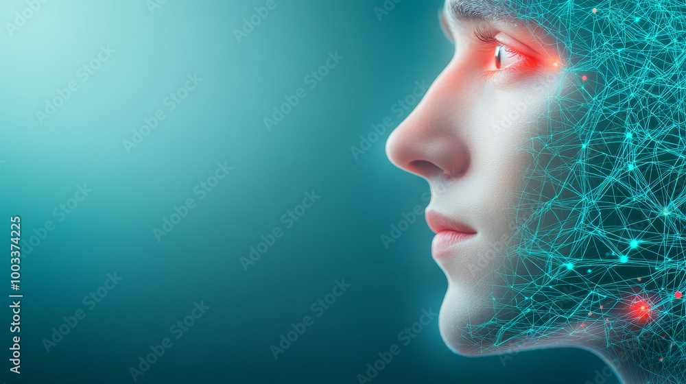 Profile of a young man with glowing lines and dots overlaying his face. Profile of a young man with glowing lines and dots overlaying his face.