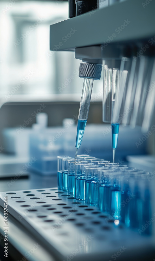 Laboratory setup with pipettes dispensing blue liquid into test tubes, showcasing clean and organized environment for scientific research Laboratory setup with pipettes dispensing blue liquid into test tubes, showcasing clean and organized environment for scientific research
