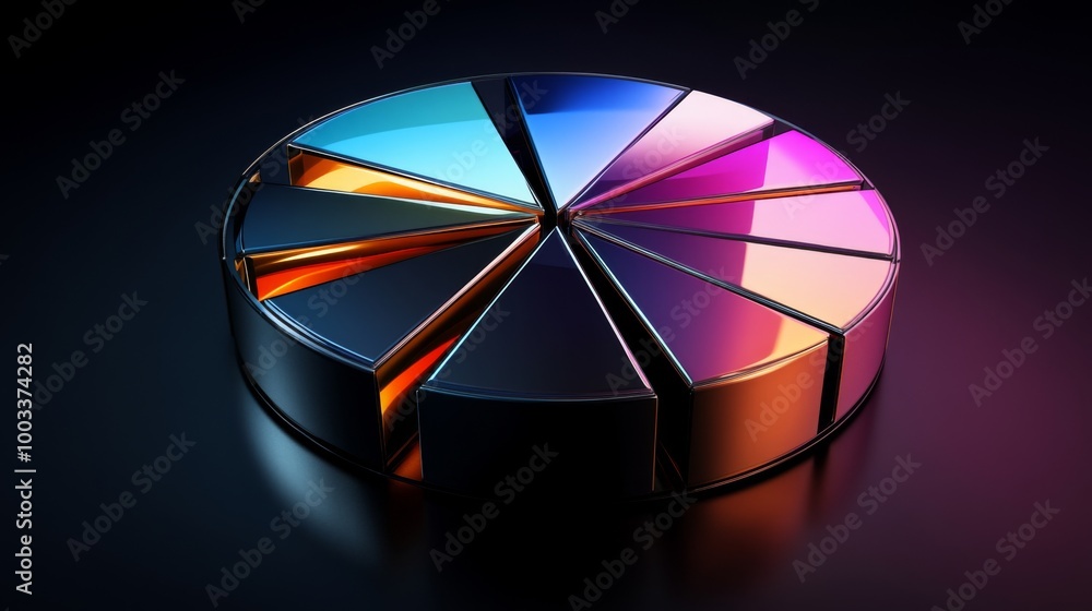Obraz premium A sleek metallic 3D pie chart with separated slices, each segment reflecting light differently, set against a dark gradient background for a high-tech feel