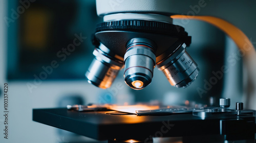 A high powered microscope is focused on sample, showcasing intricate details of scientific research. lighting highlights precision of equipment used in laboratories