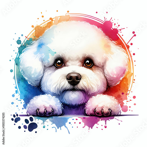 Watercolor bichon frise dog with paws illustration, peeking dog breed graphic design  photo