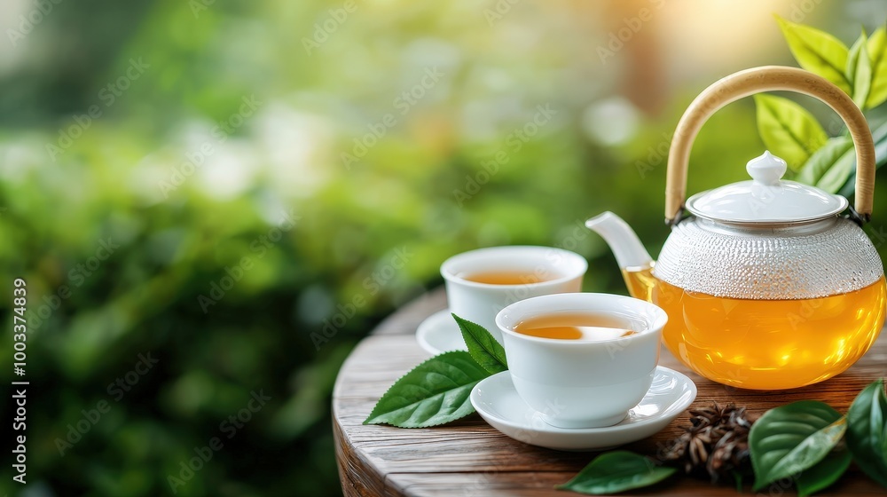 Tranquil Tea Ceremony with Teapot and Cups on Wooden Table in Nature Tranquil Tea Ceremony with Teapot and Cups on Wooden Table in Nature