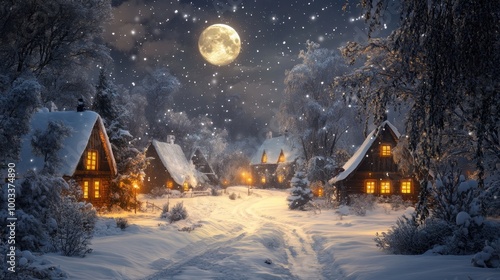 Serene Snowy Village Under Moonlight