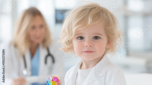 A child sits comfortably on an examination table after receiving a colorful sticker, engaging with a doctor and parent in a friendly atmosphere