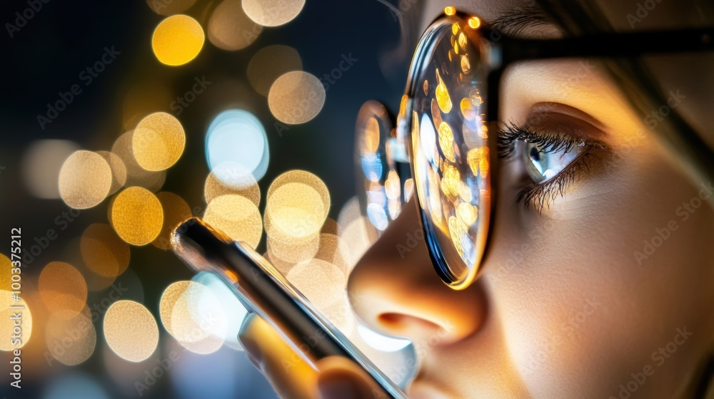 Fototapeta premium Tired Young Woman Staring at Smartphone at Night