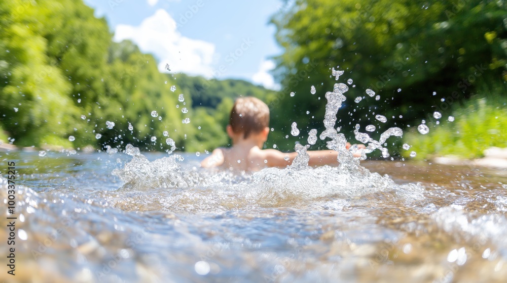 Fototapeta premium A joyful child splashes barefoot in a peaceful stream surrounded by lush trees in a sunny park on a warm day