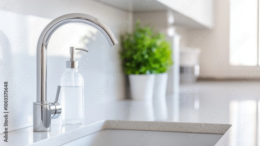 A sleek stainless steel kitchen faucet with a water filter for modern home convenience in a bright, minimalistic kitchen setting