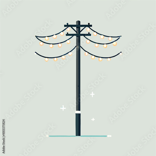 telegraph pole decorated with simple string lights in a flat design style