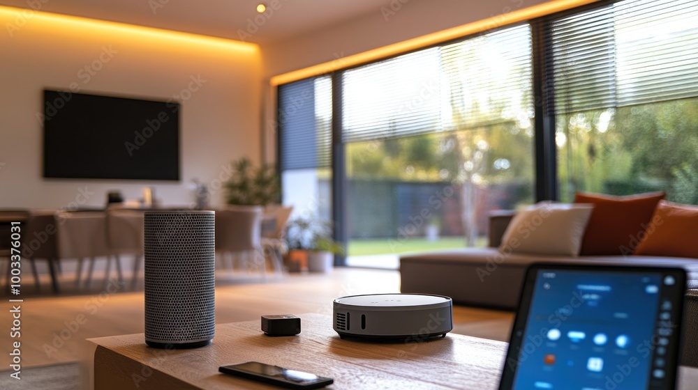 Modern living room with smart devices and a view of the outdoor space. Modern living room with smart devices and a view of the outdoor space.